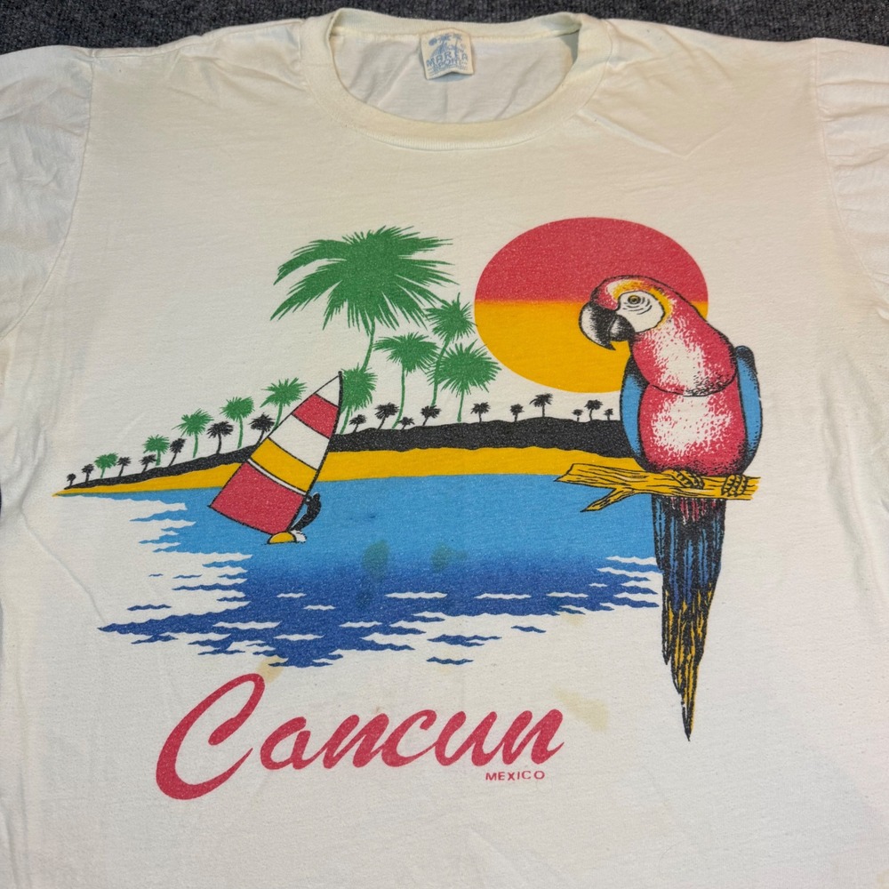 Vintage 80's Cancun Mexico Souvenir T-Shirt Parrot Tropical Single Stitch Mens L
